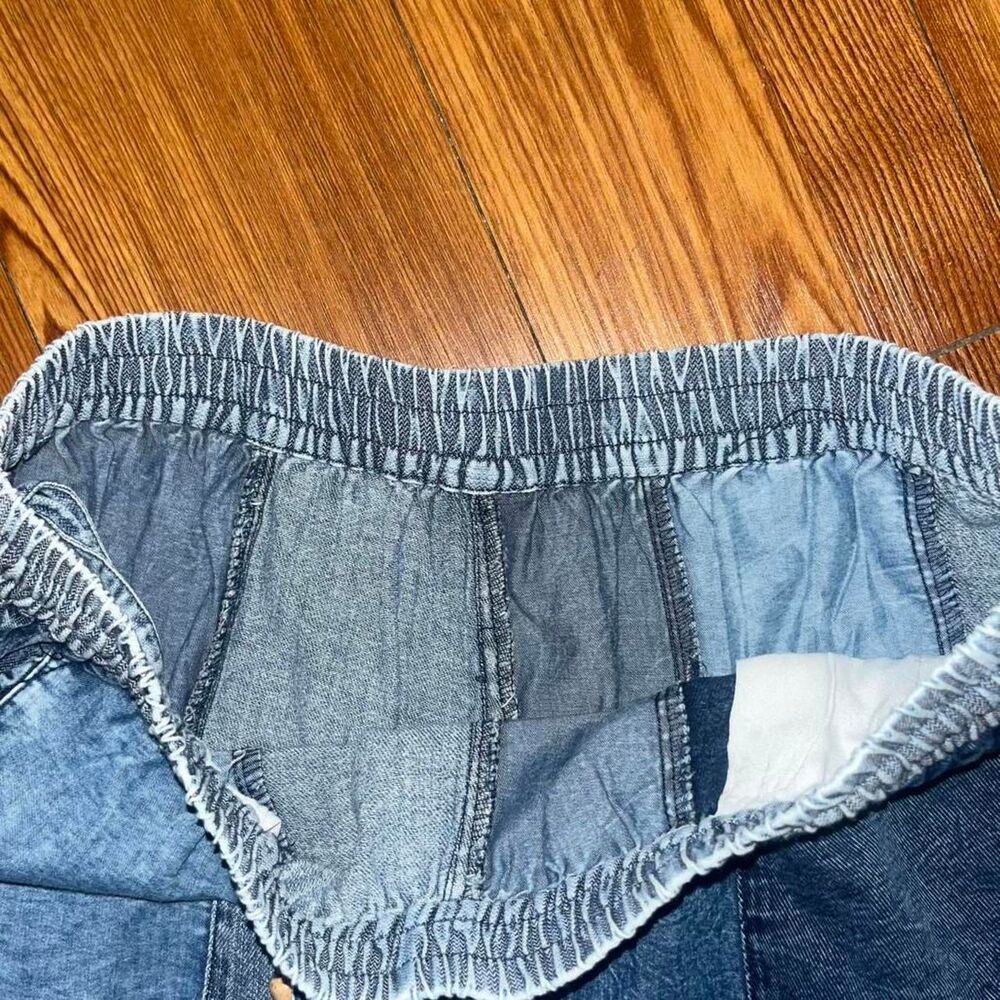 Woman's Denim Patchwork Mixed Media Rayon Wide Leg Pants SZ L - Picture 3 of 5